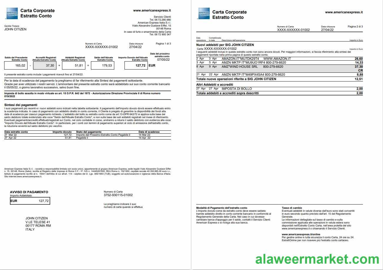 Italy American Express Amex card statement 3 pages